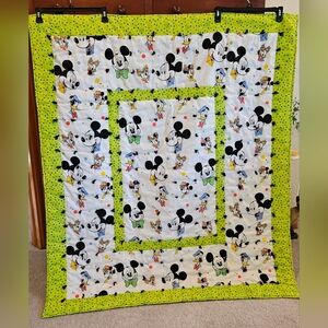 Vintage Mickey Mouse Quilt with Lime Green Polka Dot Border 48 X 55